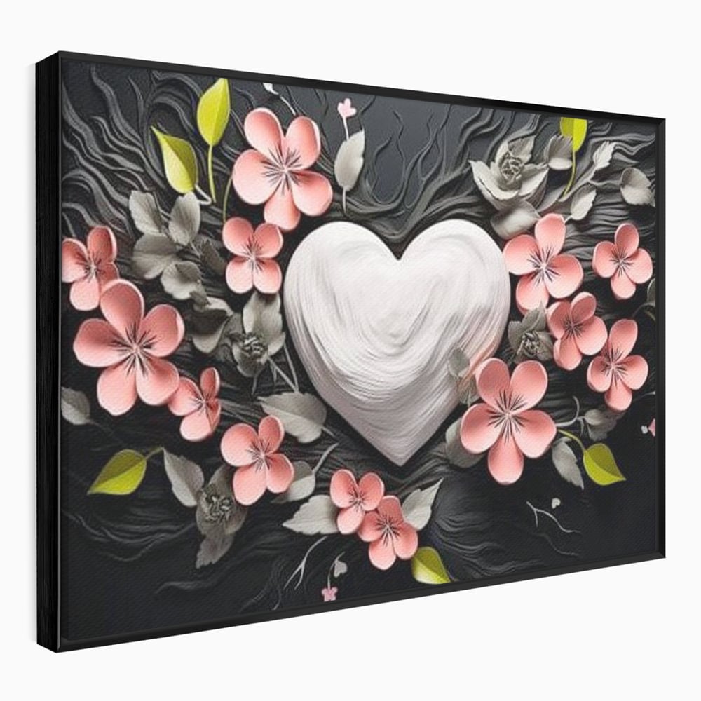 Tablou canvas cu tablou canvas cu inima alba si flori roz, in rama de aluminiu negru